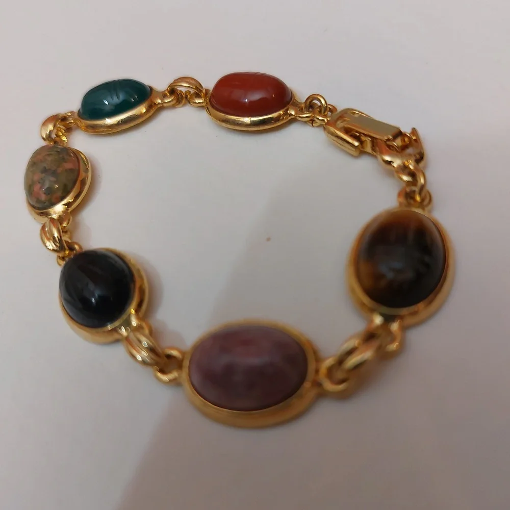 Multi Stones Scarab Bracelet Gold Tone Links Semiprecious Gems - Picture 4 of 9